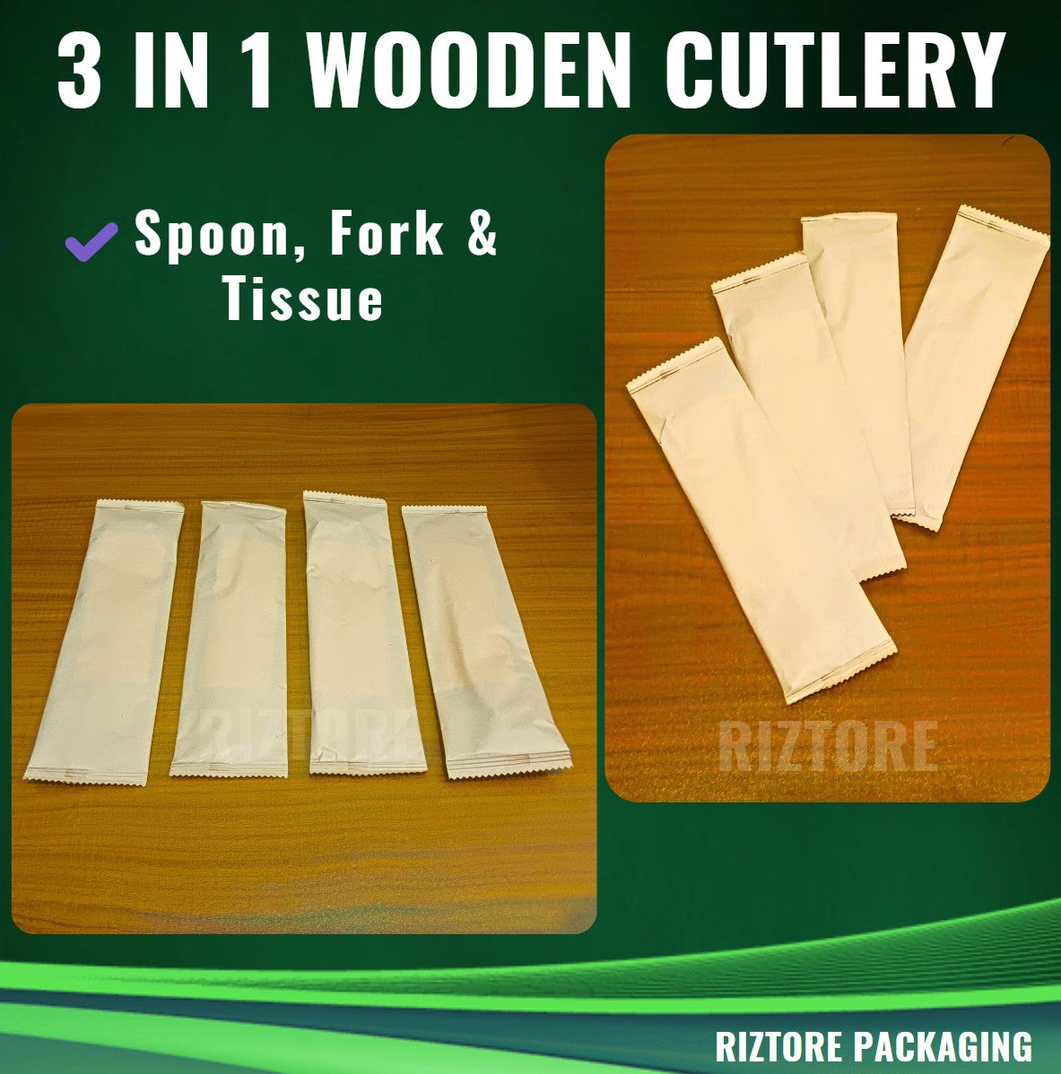 3-1 Wooden Cutlery 16cm (Spoon/Fork/Tissue)
