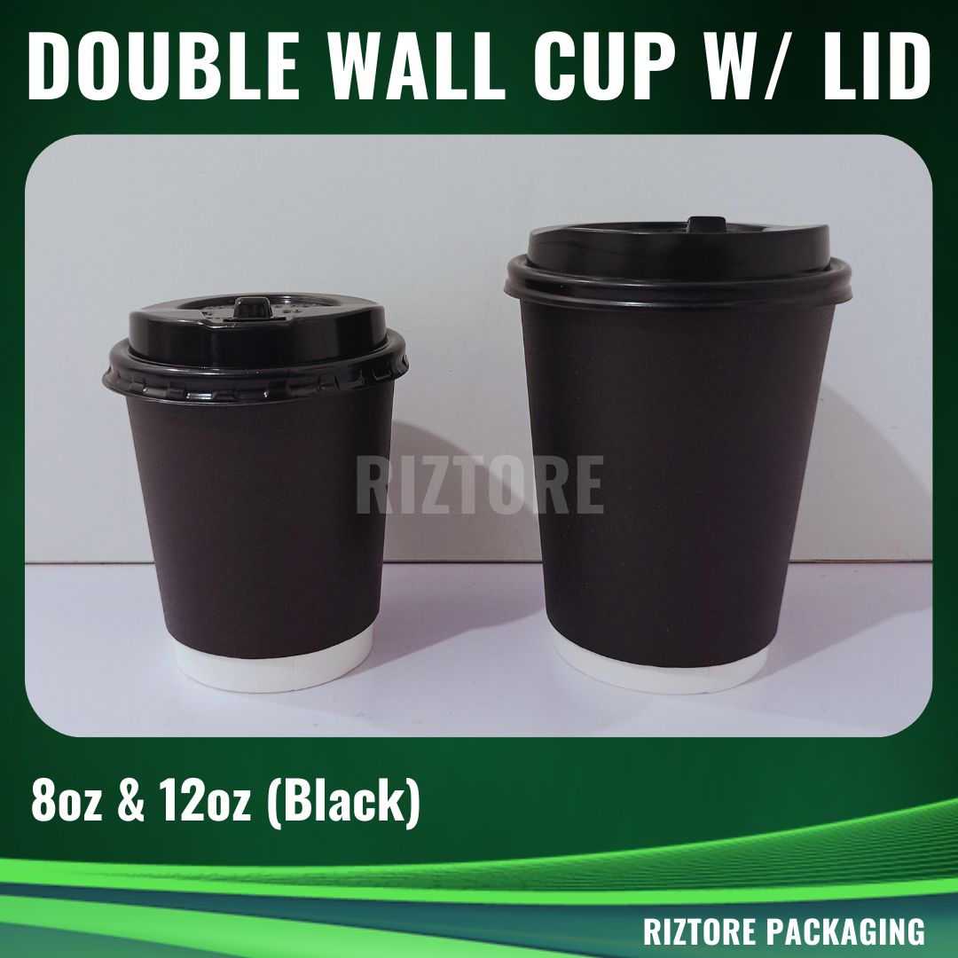 Black Double Wall Coffee Cup with Lid 25pcs