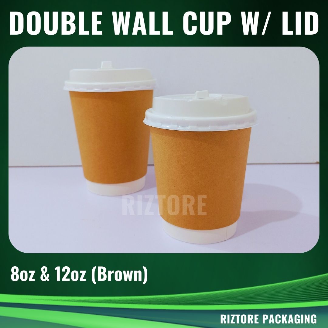 Brown Double Wall Coffee Cup with Lid 25pcs