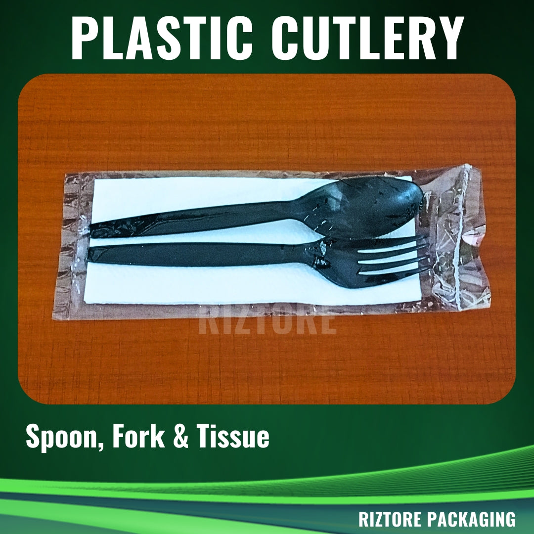 White/Black Plastic Cutlery (Plastic Pouch 3-1 - Spoon/Fork/Tissue)