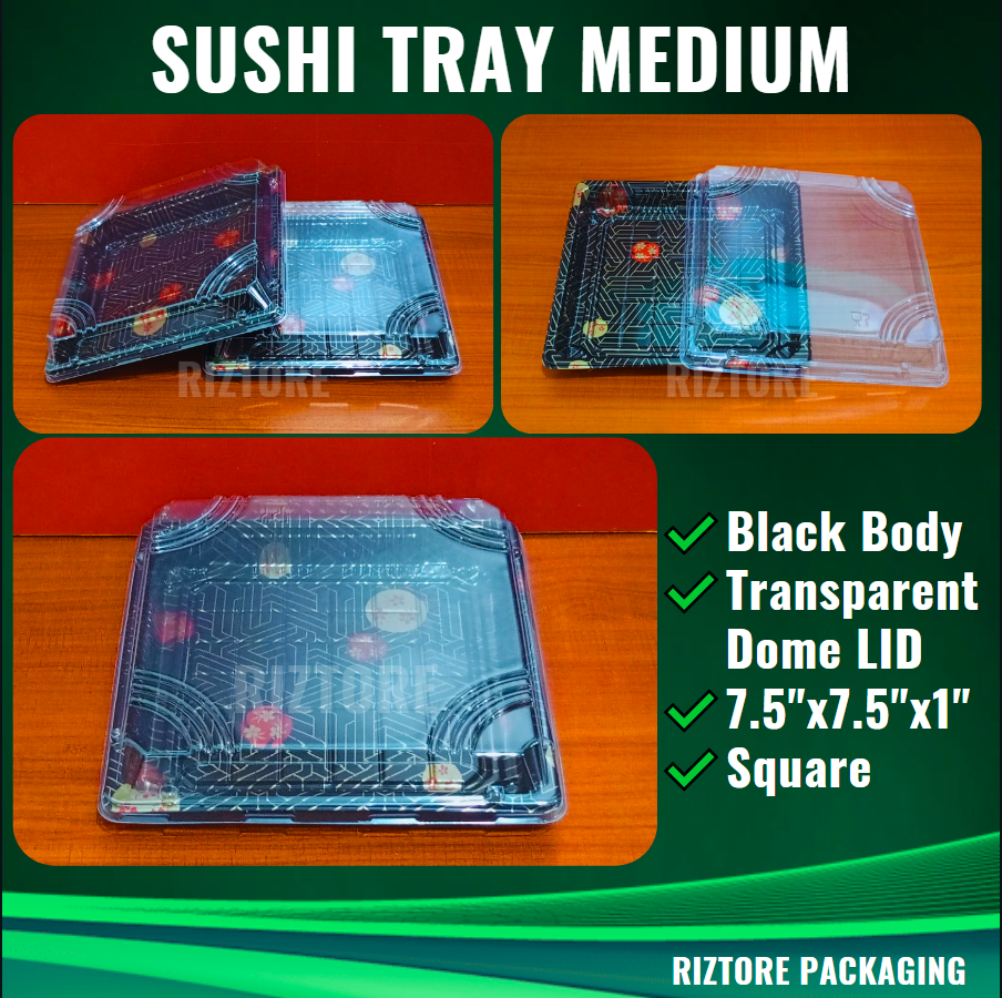 Sushi Tray Square Black Body with Dome LID (Small, Medium and Large)