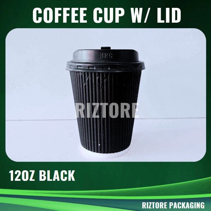 Coffee Cups Rippled Black with LID