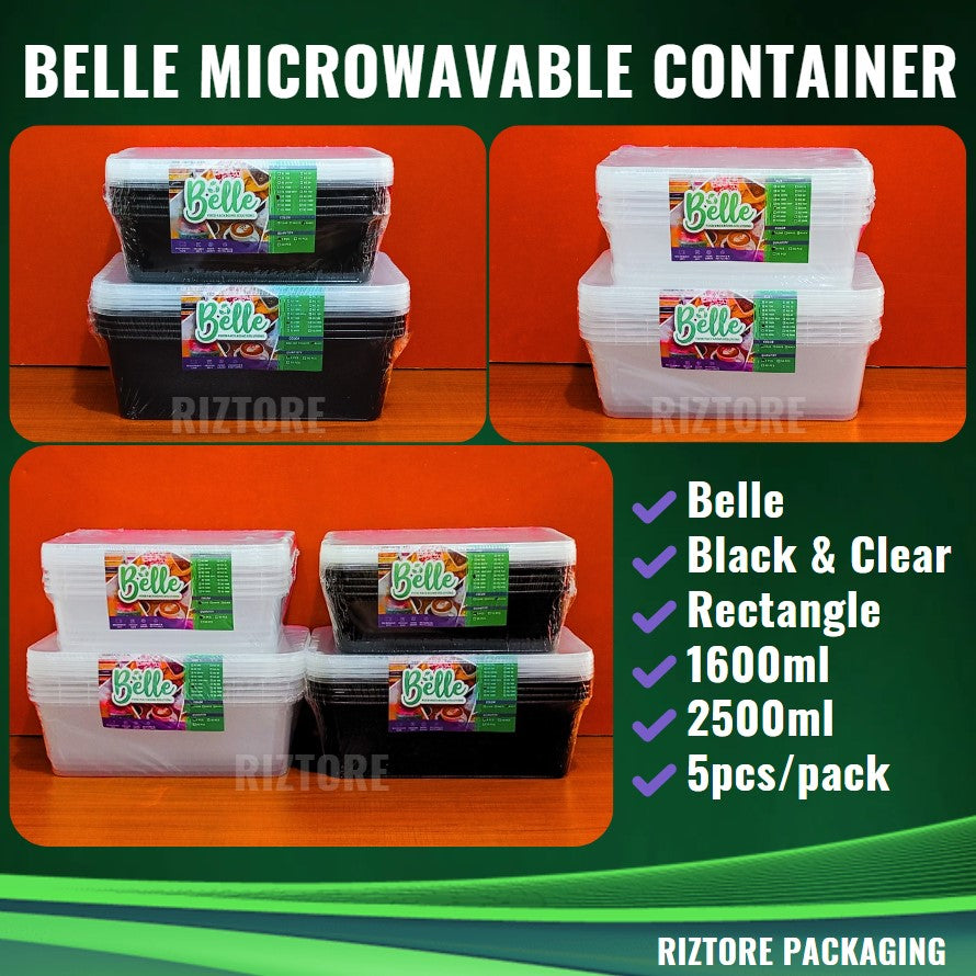 BELLE Microwavable Container 1600ml and 2500ml Black/Clear 5pcs/pack