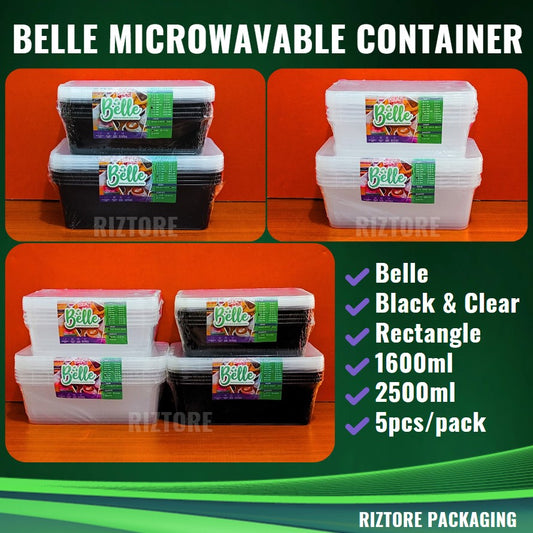 BELLE Microwavable Container 1600ml and 2500ml Black/Clear 5pcs/pack