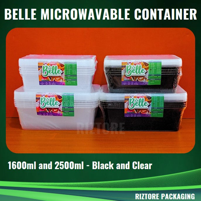 BELLE Microwavable Container 1600ml and 2500ml Black/Clear 5pcs/pack