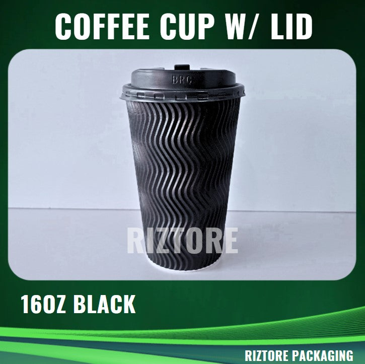 Coffee Cups Rippled Black with LID