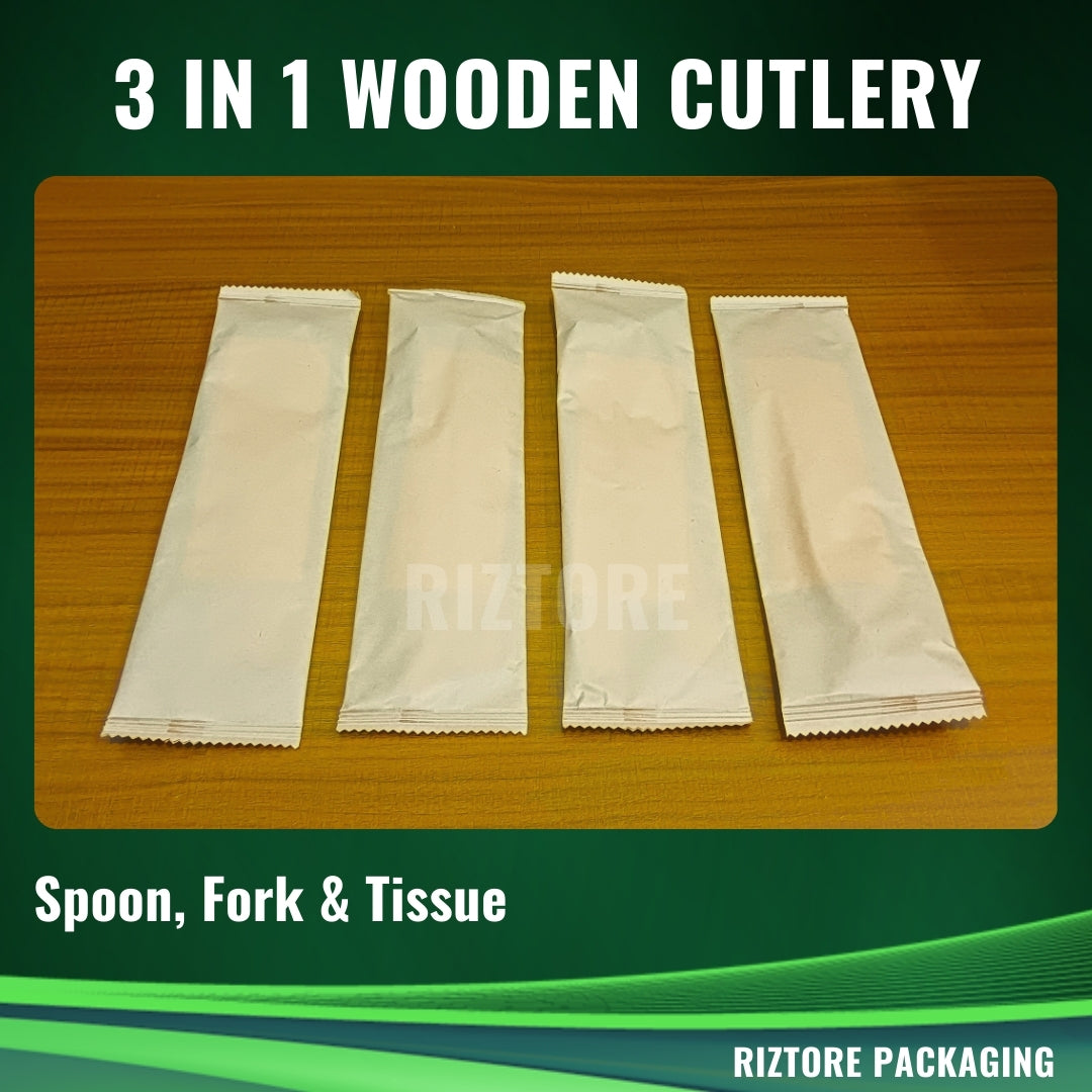 3-1 Wooden Cutlery 16cm (Spoon/Fork/Tissue)