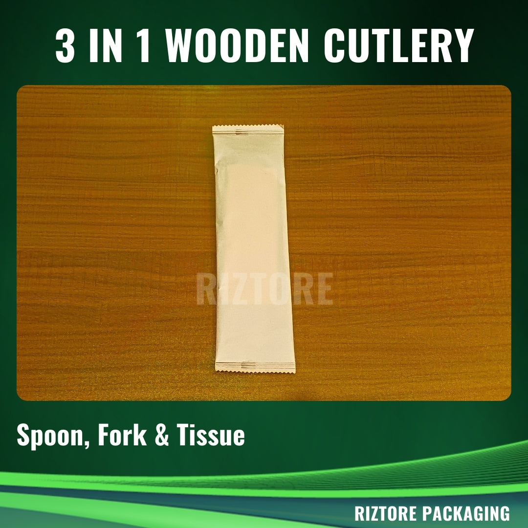 3-1 Wooden Cutlery 16cm (Spoon/Fork/Tissue)
