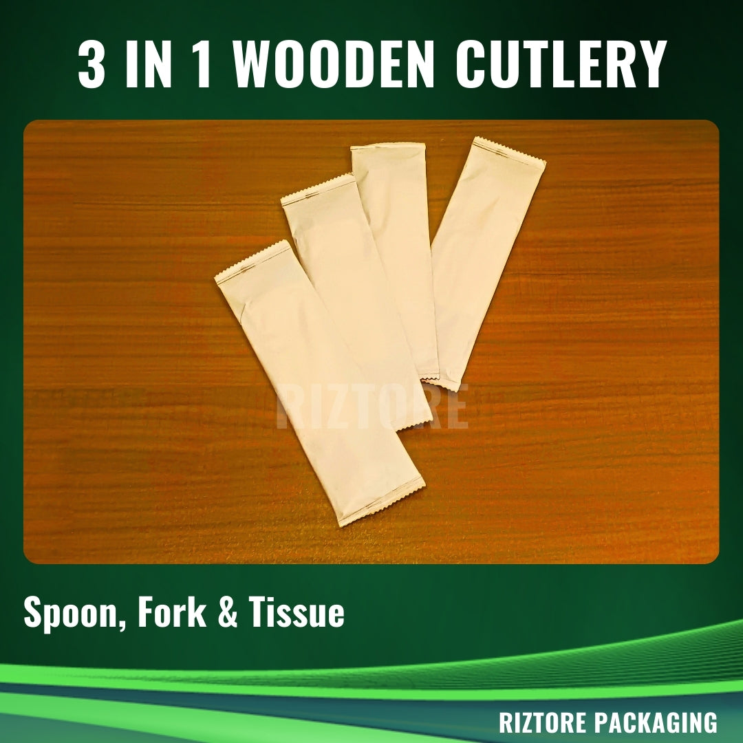3-1 Wooden Cutlery 16cm (Spoon/Fork/Tissue)
