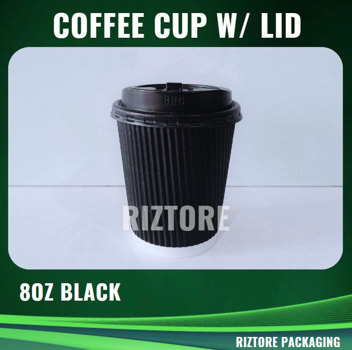 Coffee Cups Rippled Black with LID