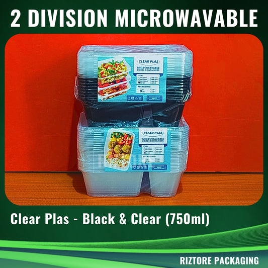 2 Division Clear Plas Microwavable Black/Clear 10pcs/pack