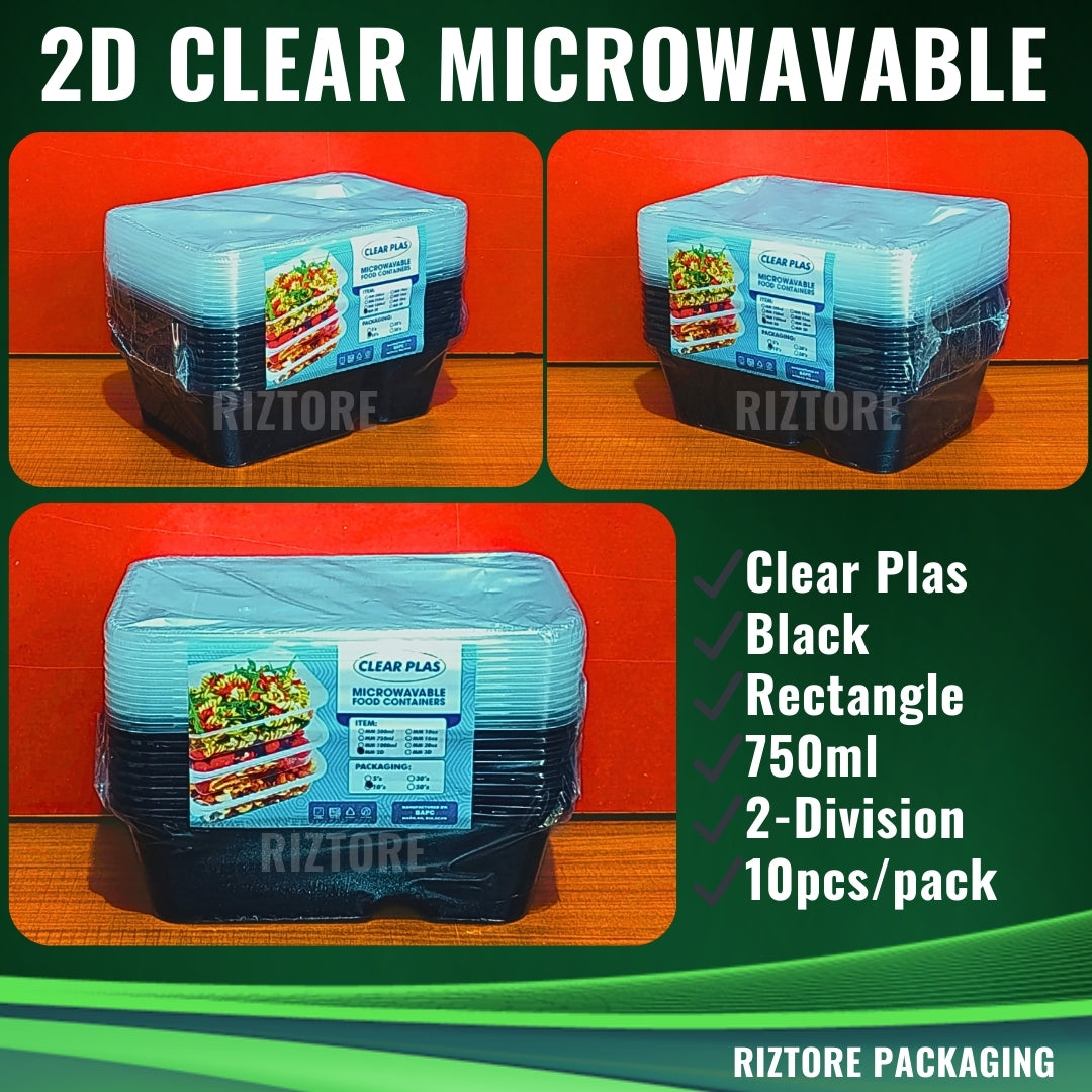 2 Division Clear Plas Microwavable Black/Clear 10pcs/pack