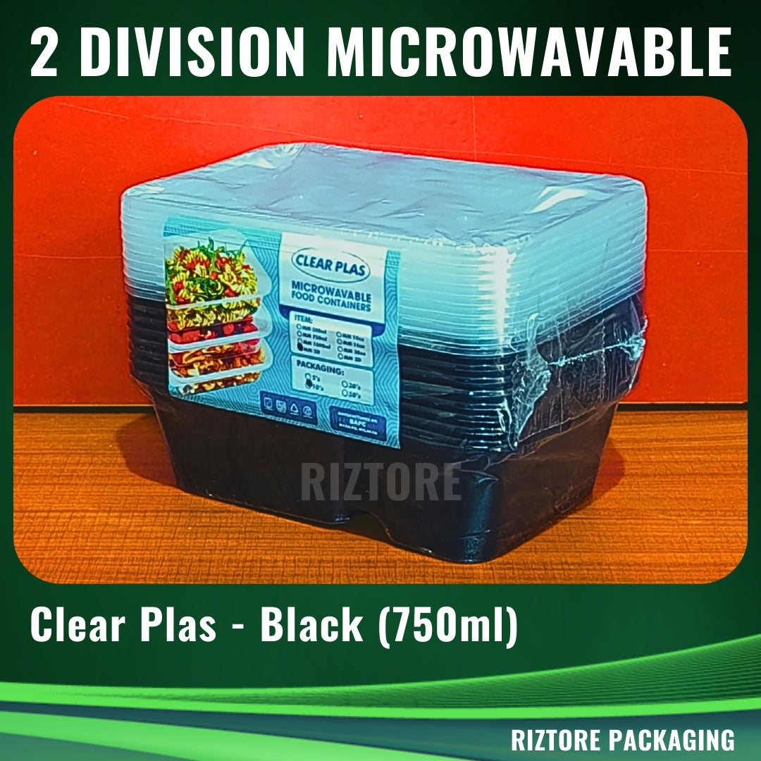 2 Division Clear Plas Microwavable Black/Clear 10pcs/pack