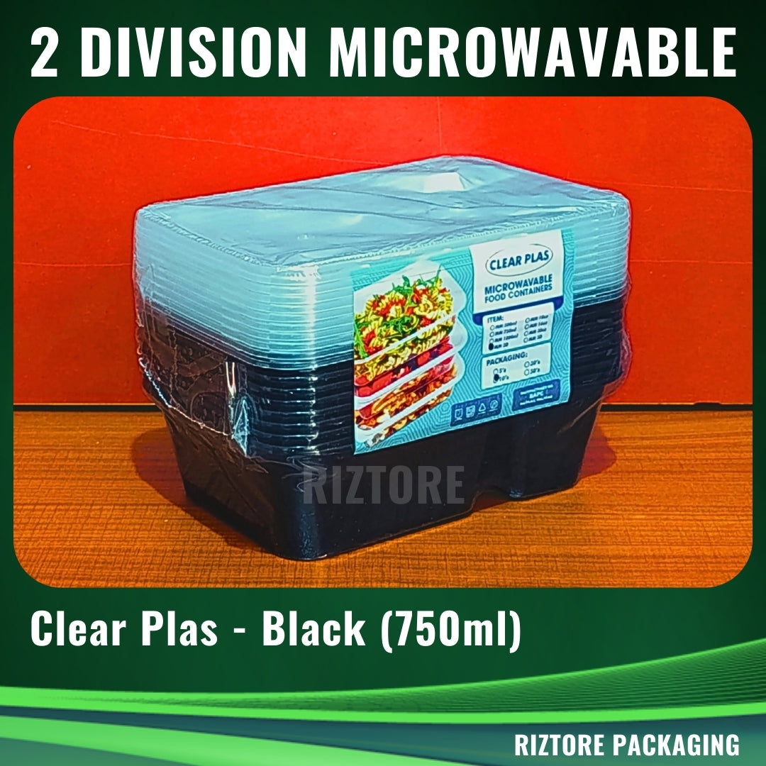 2 Division Clear Plas Microwavable Black/Clear 10pcs/pack