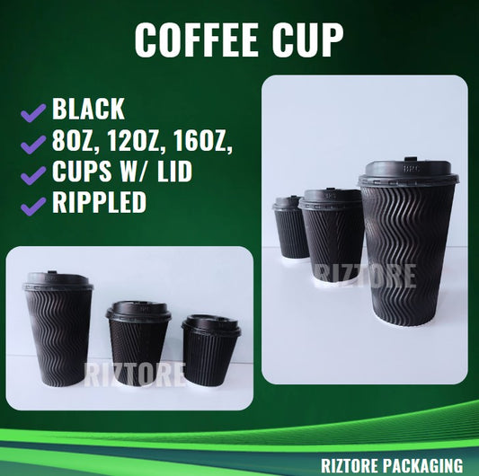 Coffee Cups Rippled Black with LID