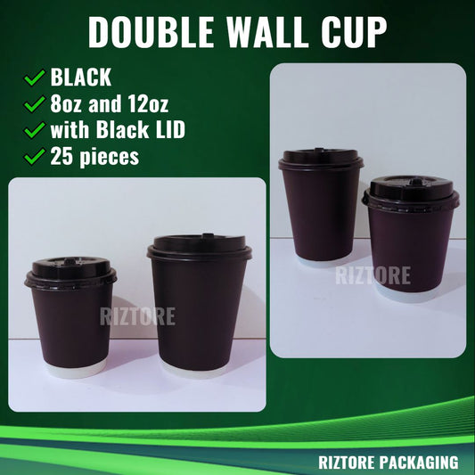 Black Double Wall Coffee Cup with Lid 25pcs