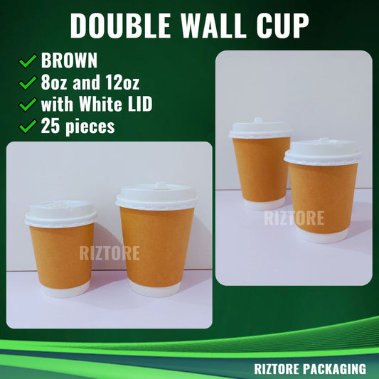 Brown Double Wall Coffee Cup with Lid 25pcs