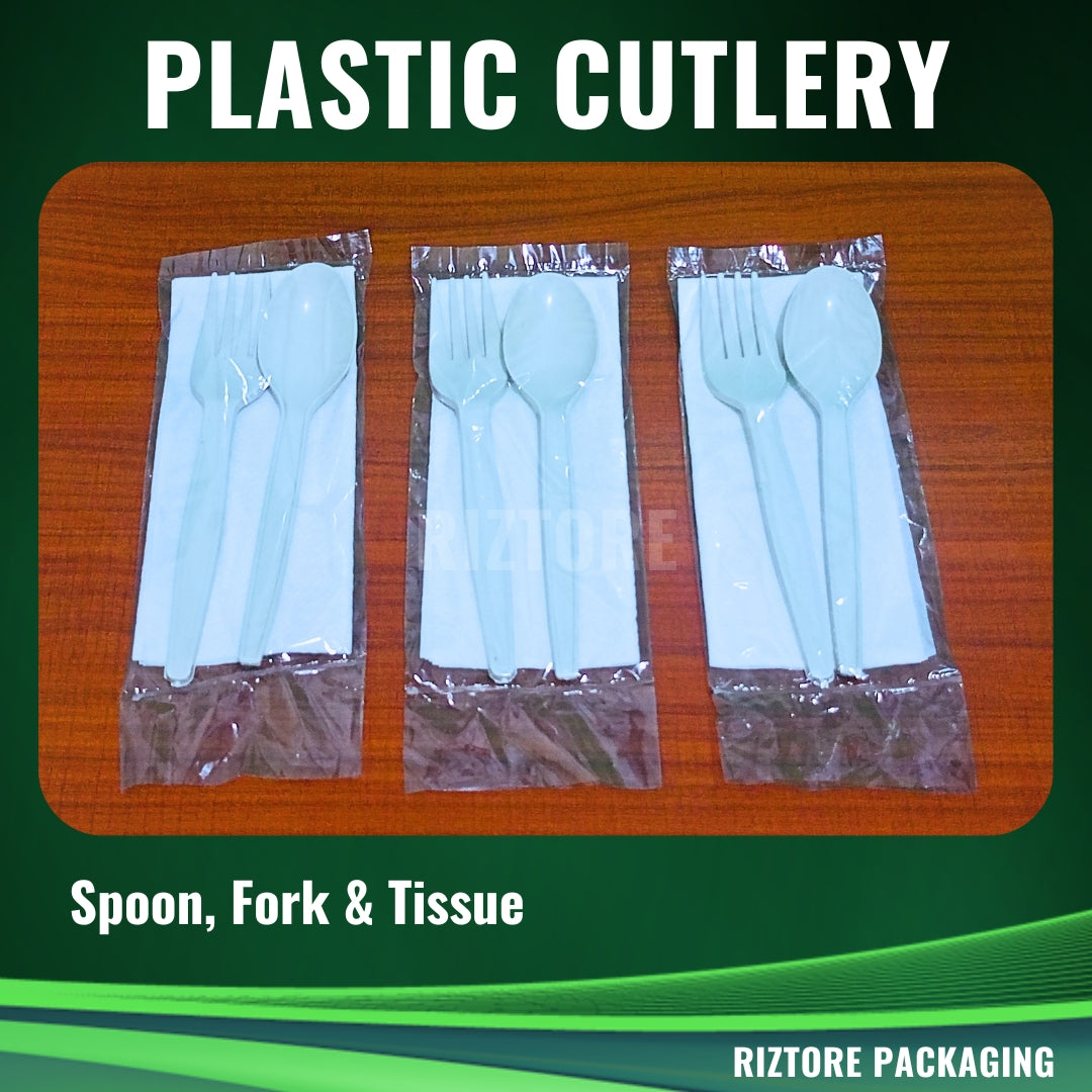 White Plastic Cutlery (Plastic Pouch 3-1  - Spoon/Fork/Tissue)