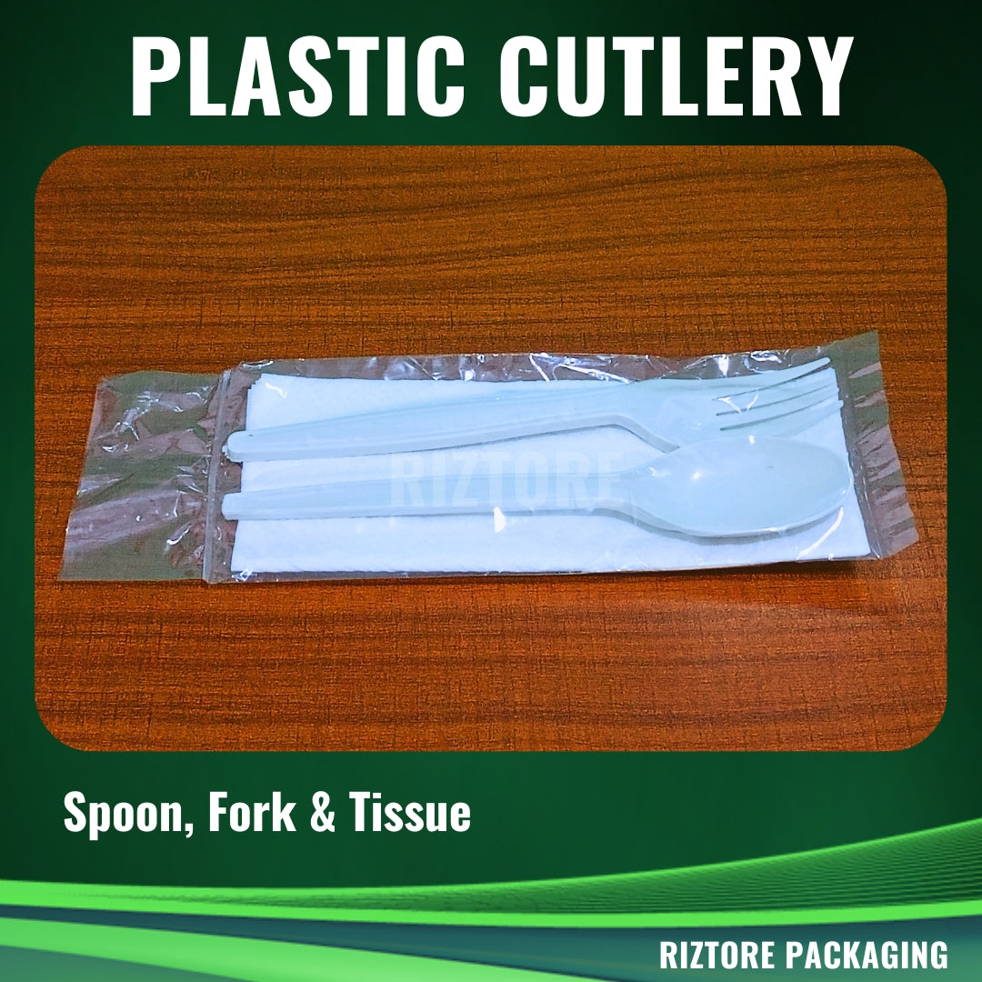 White Plastic Cutlery (Plastic Pouch 3-1  - Spoon/Fork/Tissue)