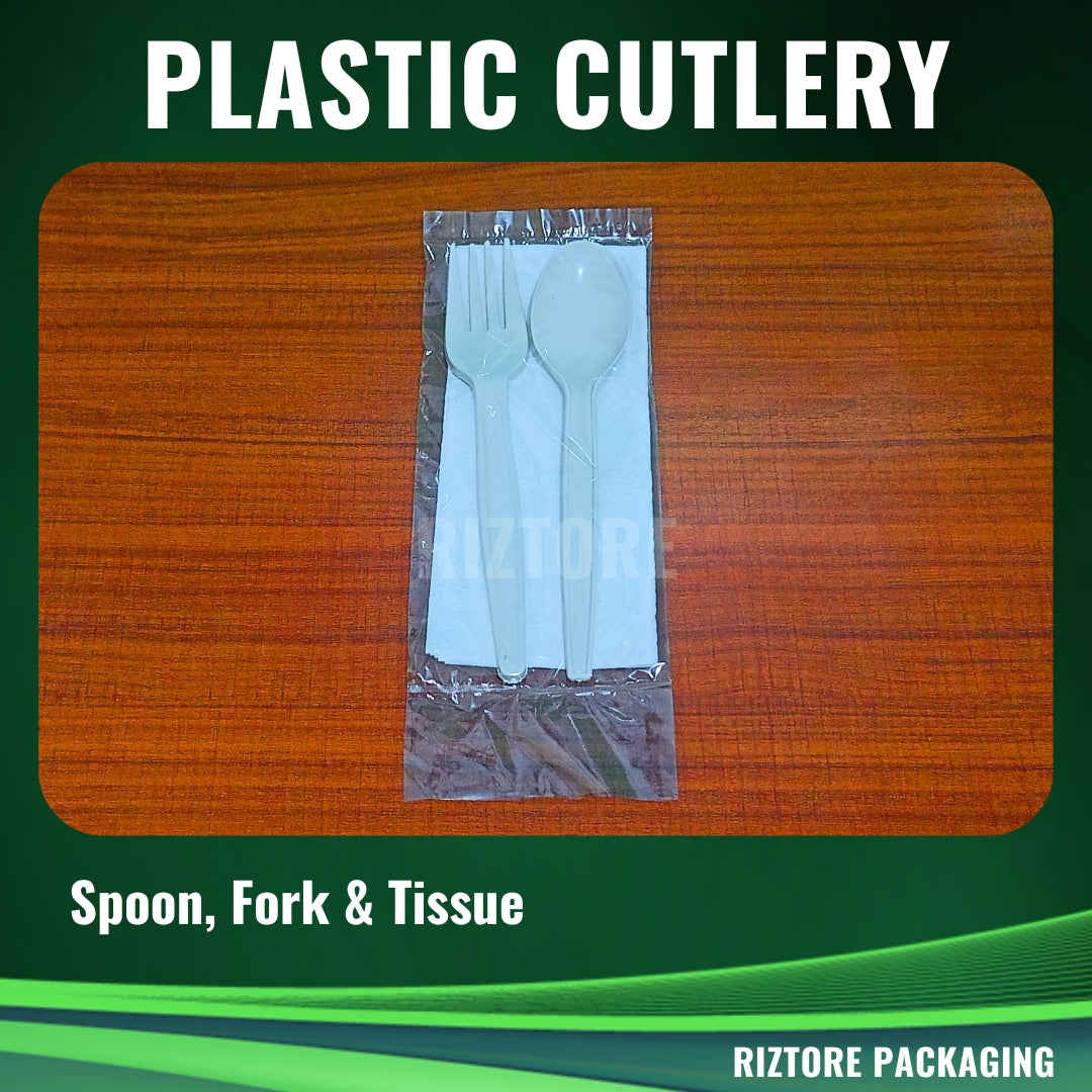 White Plastic Cutlery (Plastic Pouch 3-1  - Spoon/Fork/Tissue)