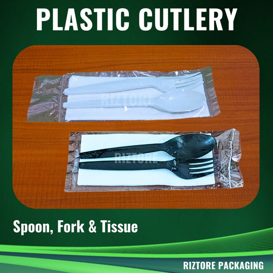 White/Black Plastic Cutlery (Plastic Pouch 3-1  - Spoon/Fork/Tissue)