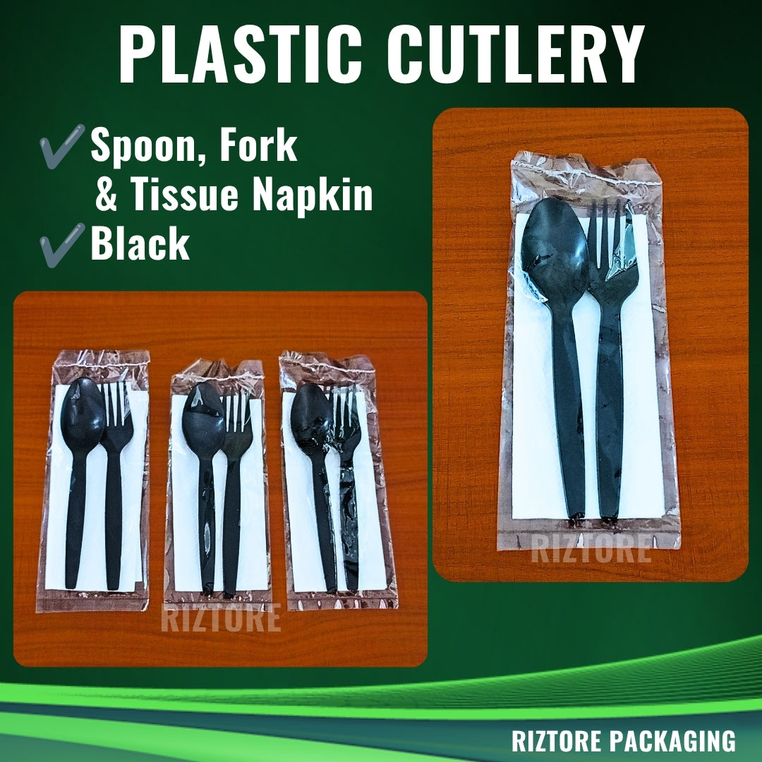 White/Black Plastic Cutlery (Plastic Pouch 3-1  - Spoon/Fork/Tissue)