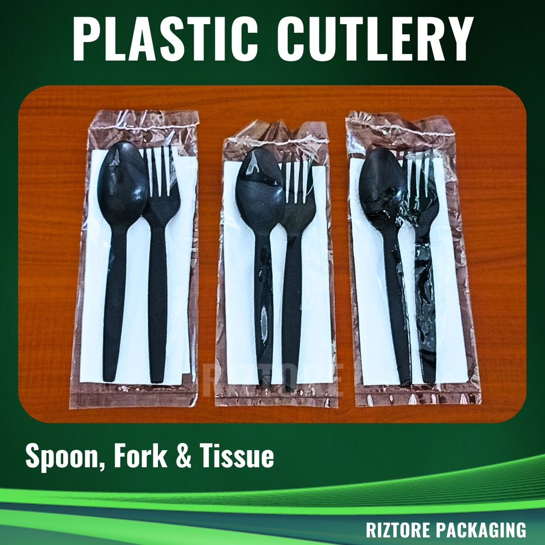 White/Black Plastic Cutlery (Plastic Pouch 3-1  - Spoon/Fork/Tissue)