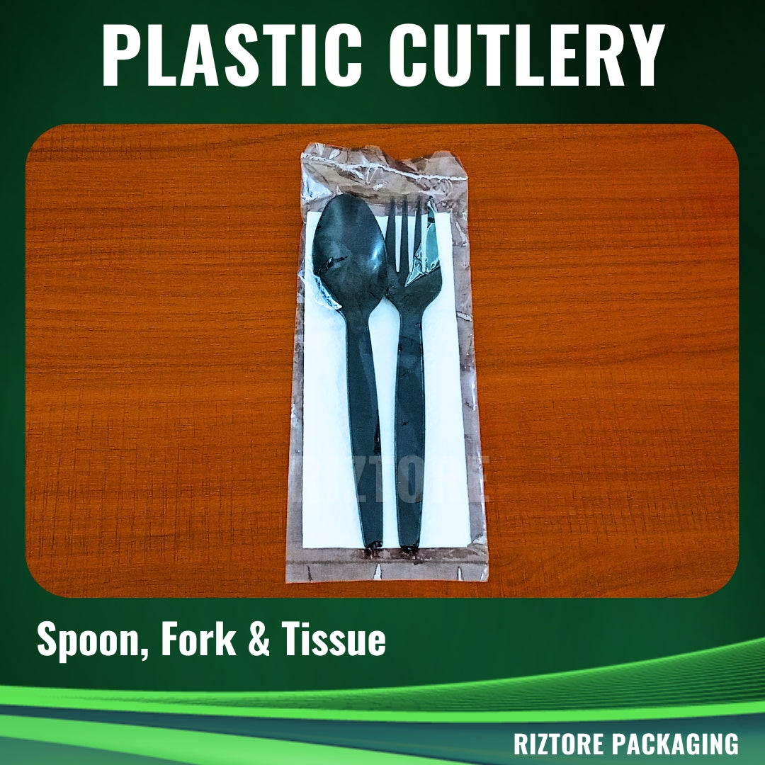 White/Black Plastic Cutlery (Plastic Pouch 3-1  - Spoon/Fork/Tissue)