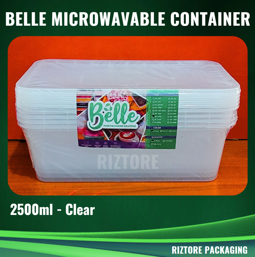 BELLE Microwavable Container 1600ml and 2500ml Black/Clear 5pcs/pack