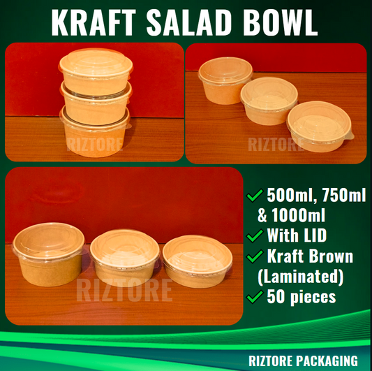 Kraft Salad Bowl with Lid 500ml, 750ml and 1000ml