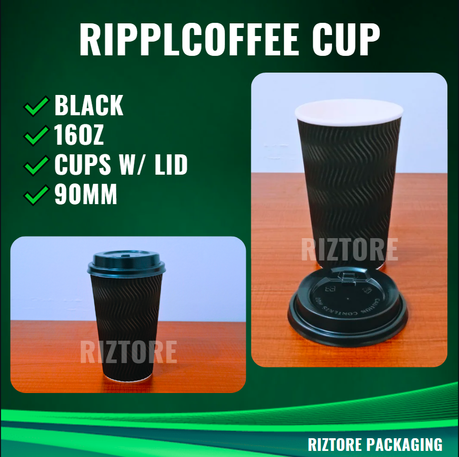 Coffee Cups Rippled Black with LID