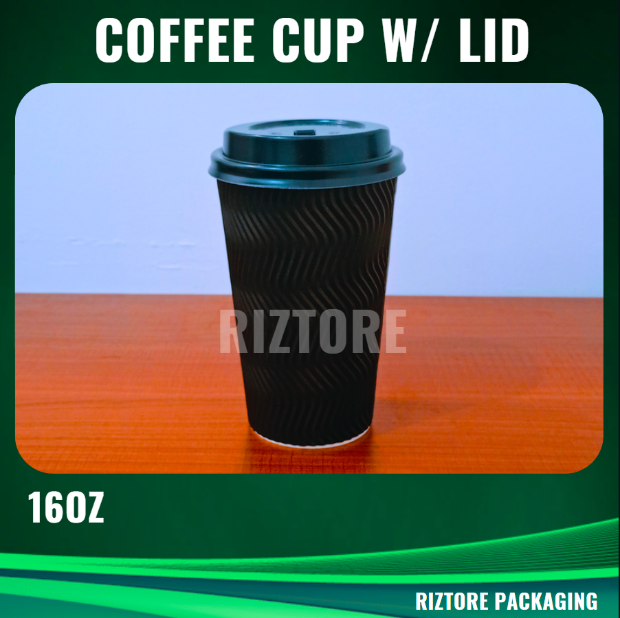 Coffee Cups Rippled Black with LID