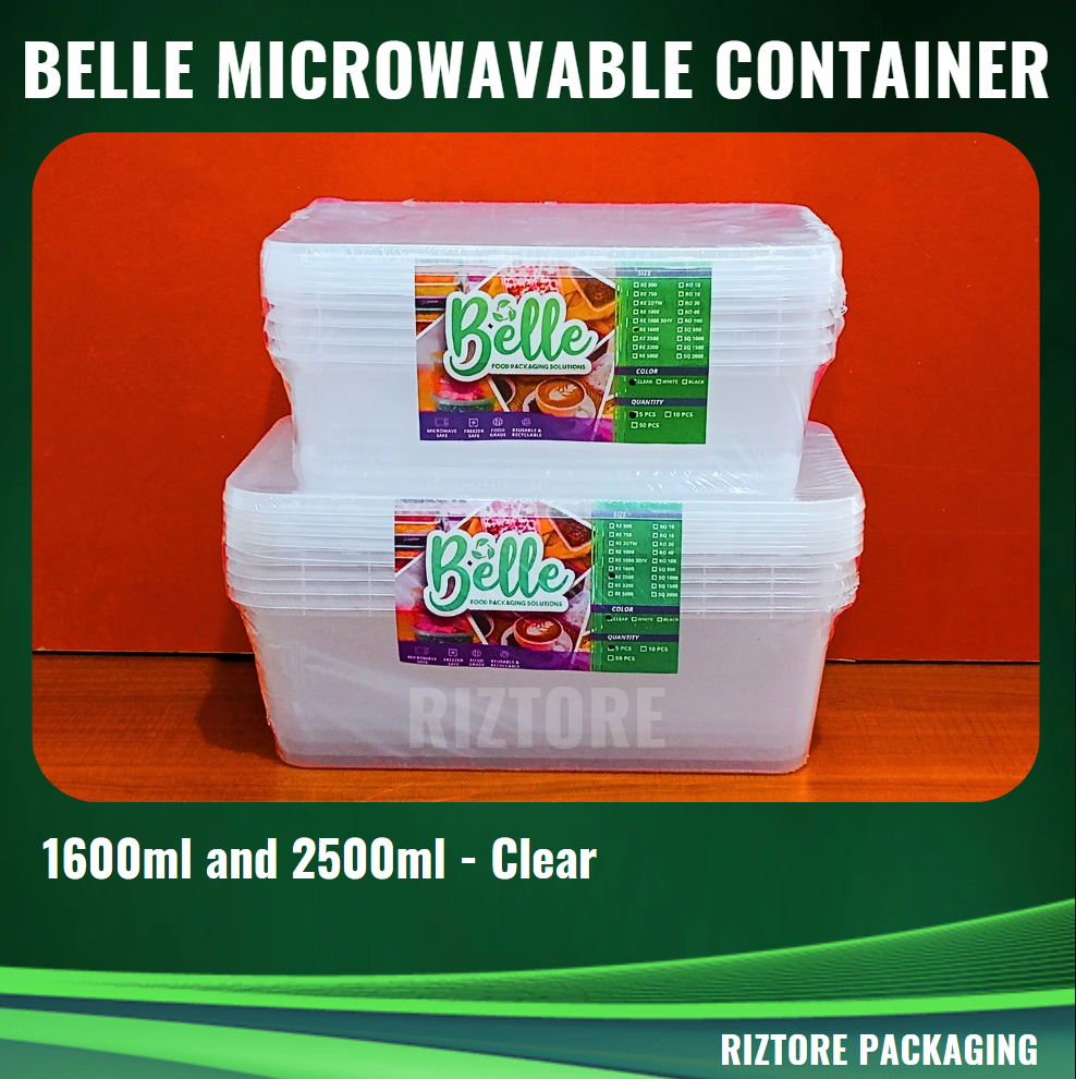 BELLE Microwavable Container 1600ml and 2500ml Black/Clear 5pcs/pack