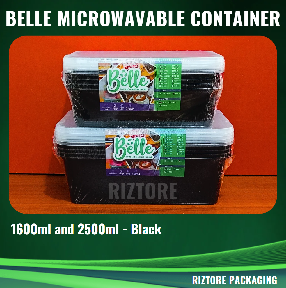 BELLE Microwavable Container 1600ml and 2500ml Black/Clear 5pcs/pack