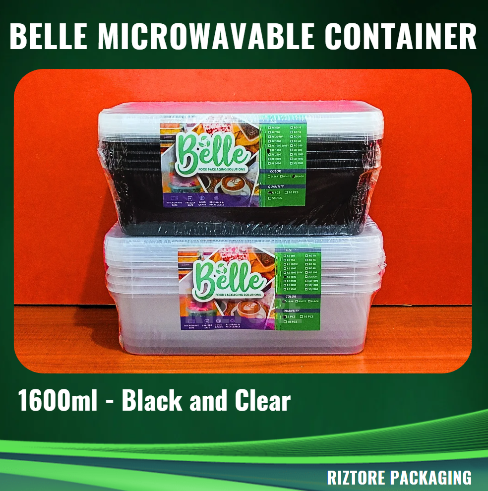 BELLE Microwavable Container 1600ml and 2500ml Black/Clear 5pcs/pack