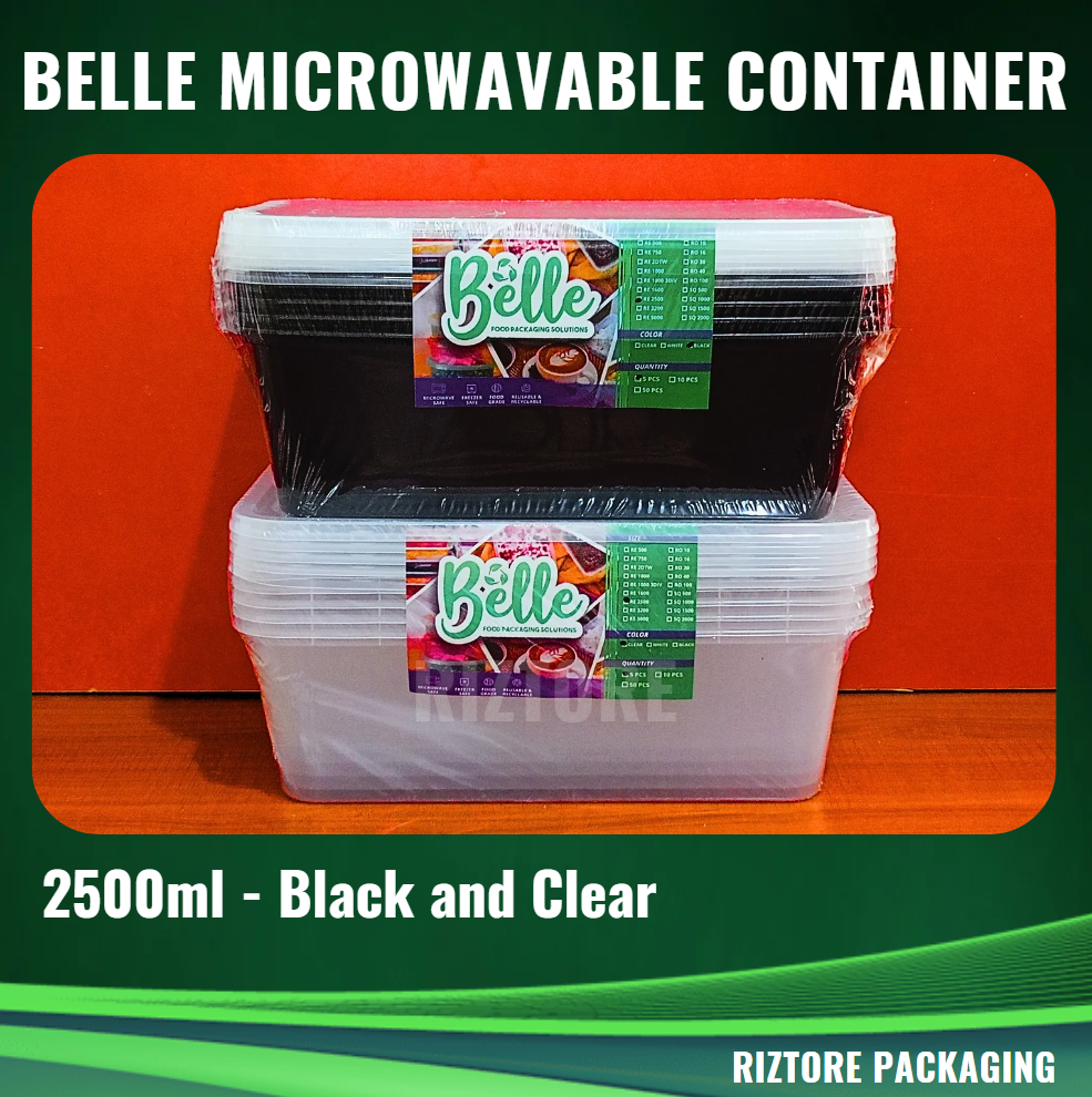 BELLE Microwavable Container 1600ml and 2500ml Black/Clear 5pcs/pack