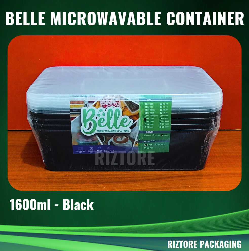 BELLE Microwavable Container 1600ml and 2500ml Black/Clear 5pcs/pack