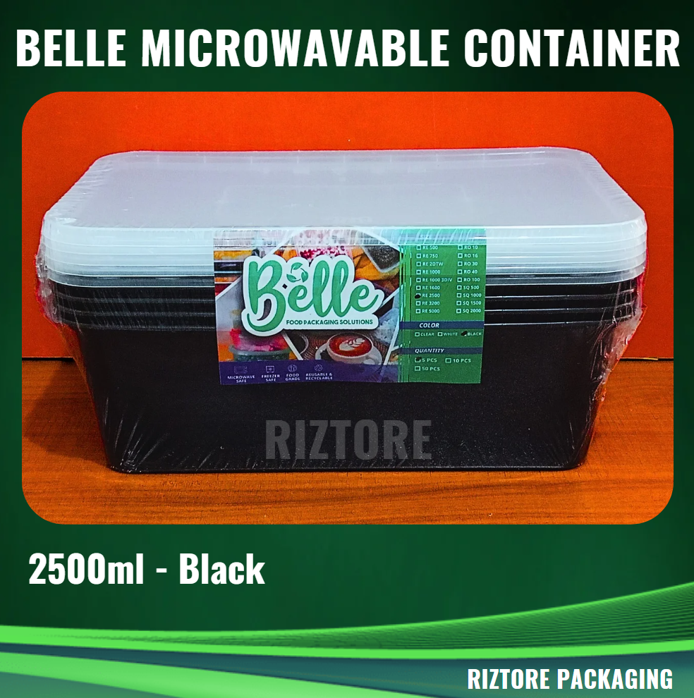 BELLE Microwavable Container 1600ml and 2500ml Black/Clear 5pcs/pack