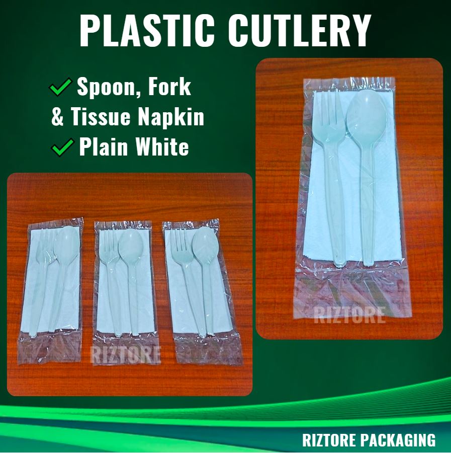 White Plastic Cutlery (Plastic Pouch 3-1  - Spoon/Fork/Tissue)